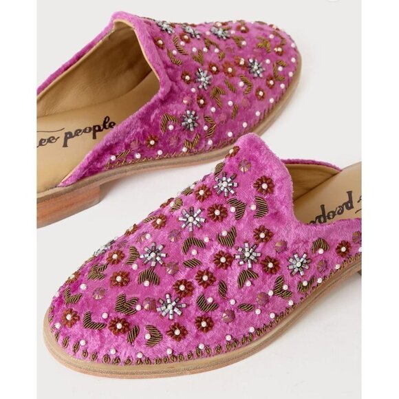 Free People Cosmic Pink Magenta Dancing Queen Velvet  Beaded Loafer Mules… - Picture 2 of 11